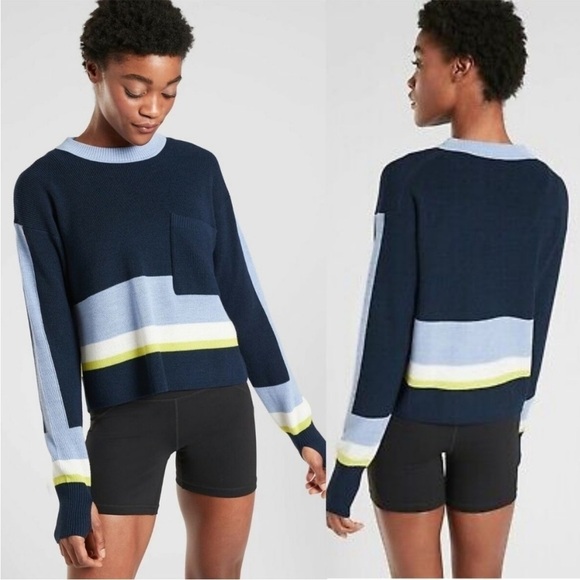 Athleta Merino Wool Blend Trailhead Colorblock Sweater Long-Sleeve Crewneck Navy - Picture 1 of 7